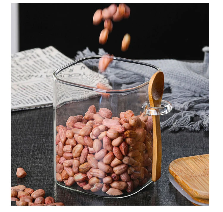 Hot Selling Wholesale Price Available Different Sizes Square Glass Jar With Bamboo Lid Spoon