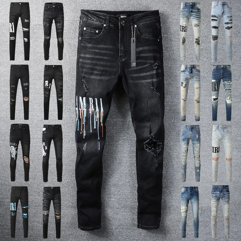Designer jean Amiry mens trousers biker embroidery ripped for trend cotton fashion jeans men slim pants black hip purple jeans