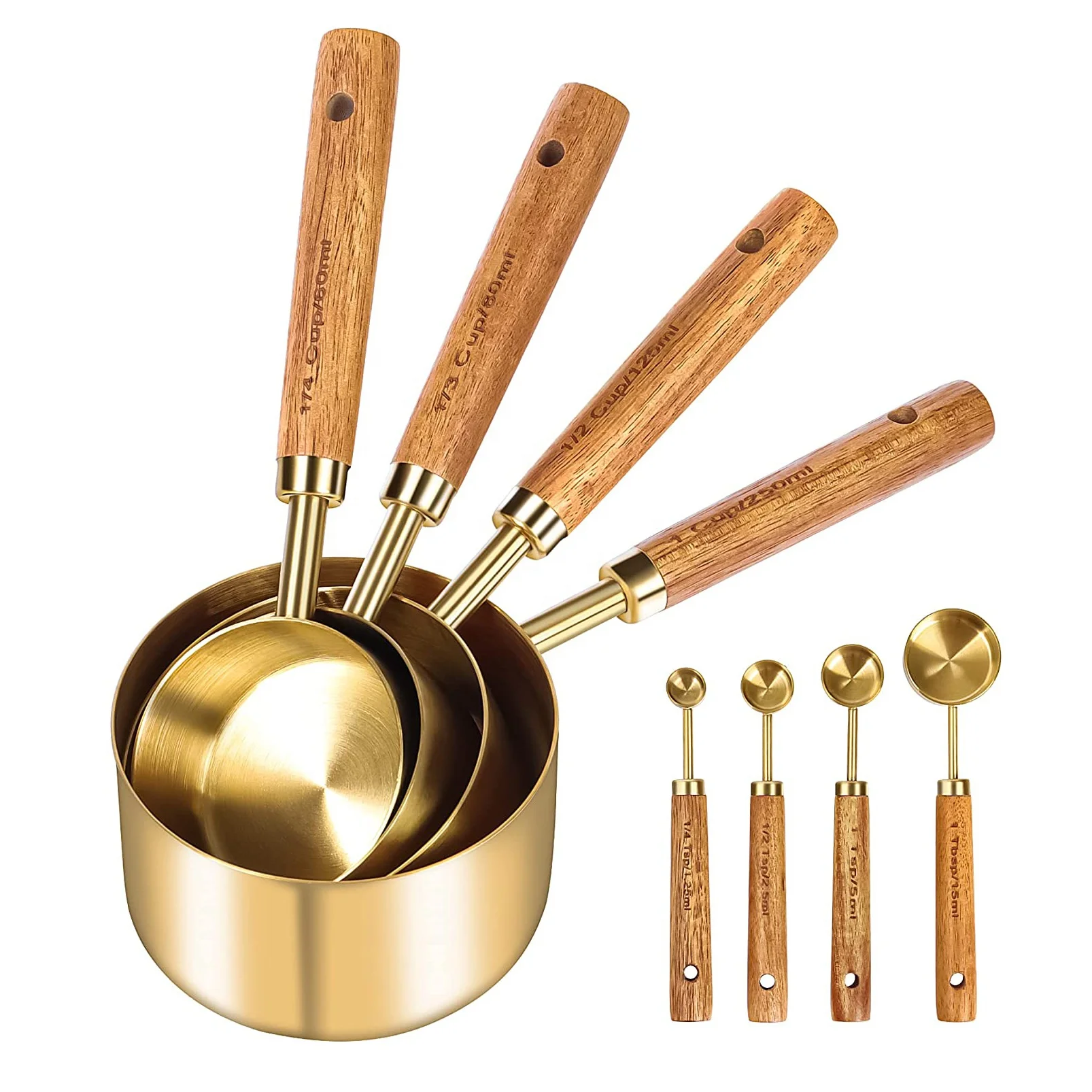Hot Sale Set of 8 Golden Measuring Cups and Spoons with Wooden Handle for baking