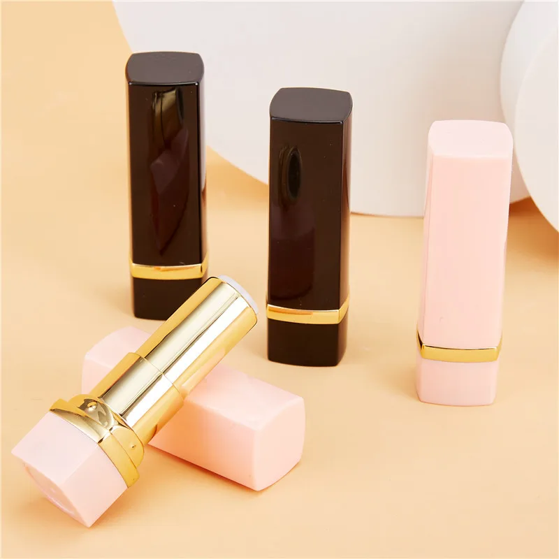 Low moq calibre 12.1mm high-end square bright black pink lipstick tube gold middle ring lip balm tube empty tube empty lipstick
