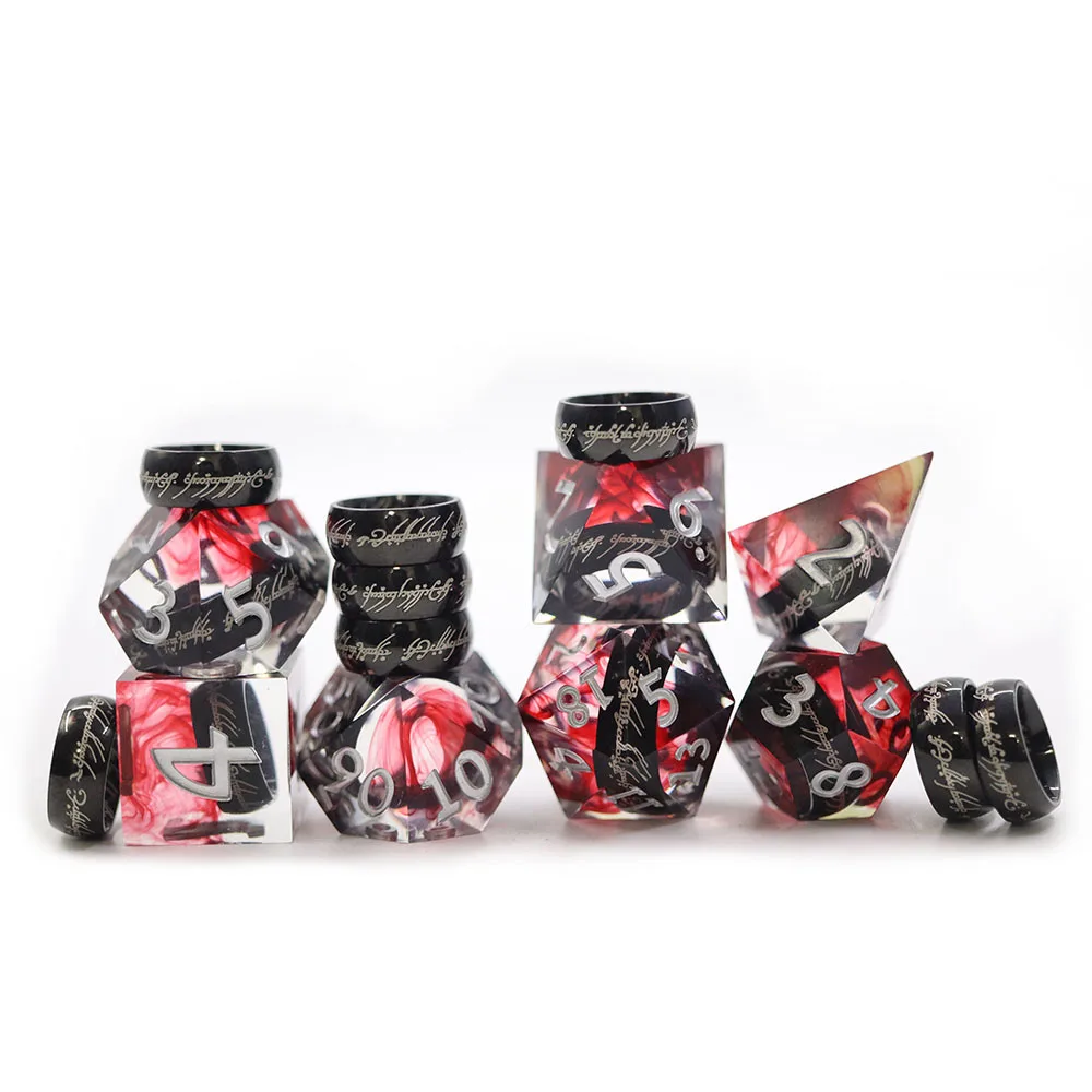 Transparent Sharp Edge Polyhedral Black Lord of the Ring Dice Set 7Pcs DND Game Dice Set With White Numbers