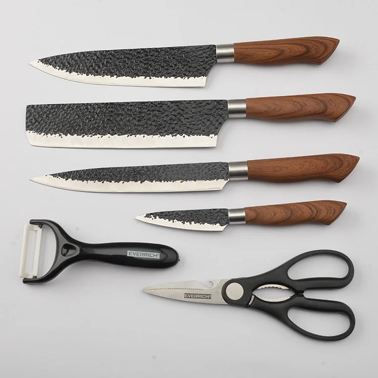 KONOLL 6pcs kitchen knives set with wave and  scissor/ peeler kitchen knife accessories black color non-stick knife box packing