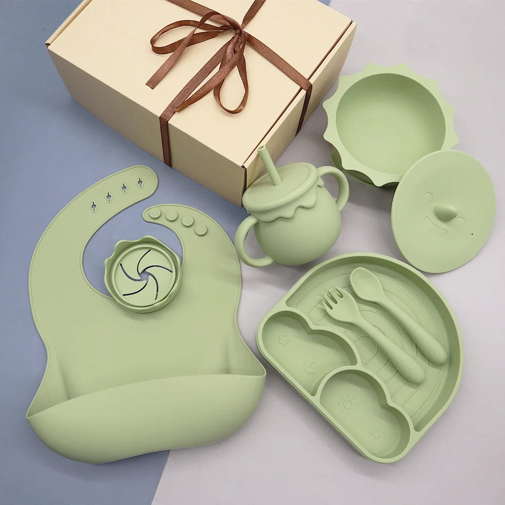 Factory Wholesale BPA Free Eating Tableware Plate Dish Toddler Kids Bib Silicone Feeding Set Baby Bowl With Suction