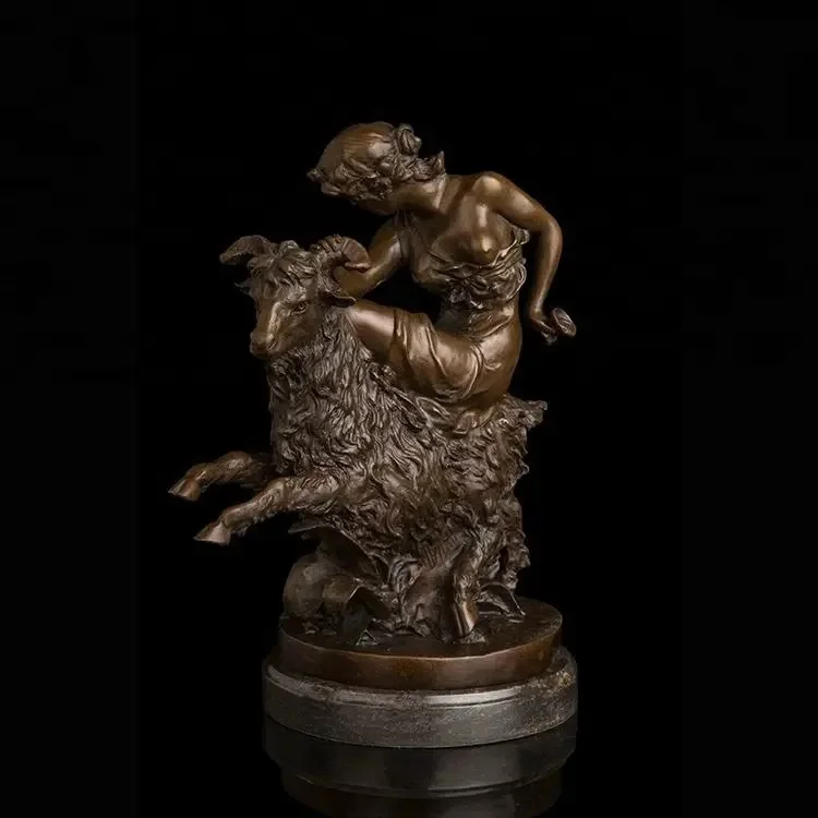 European Art Bronze Shepherdess with Goat Statue Sculpture Vintage Bronze Handmade Animal Figurines For Home Decor