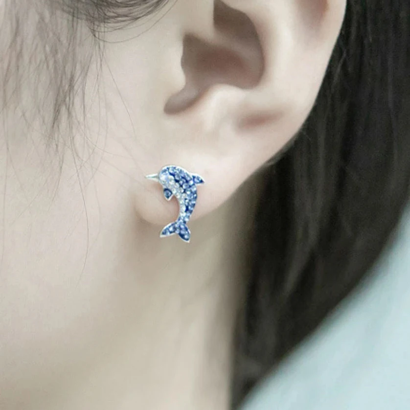 CAOSHI Sweet Lovely Dolphin Stud Earrings Sea Blue Cubic Zirconia Beautiful Minimal Silver Animal Cute Earrings Women