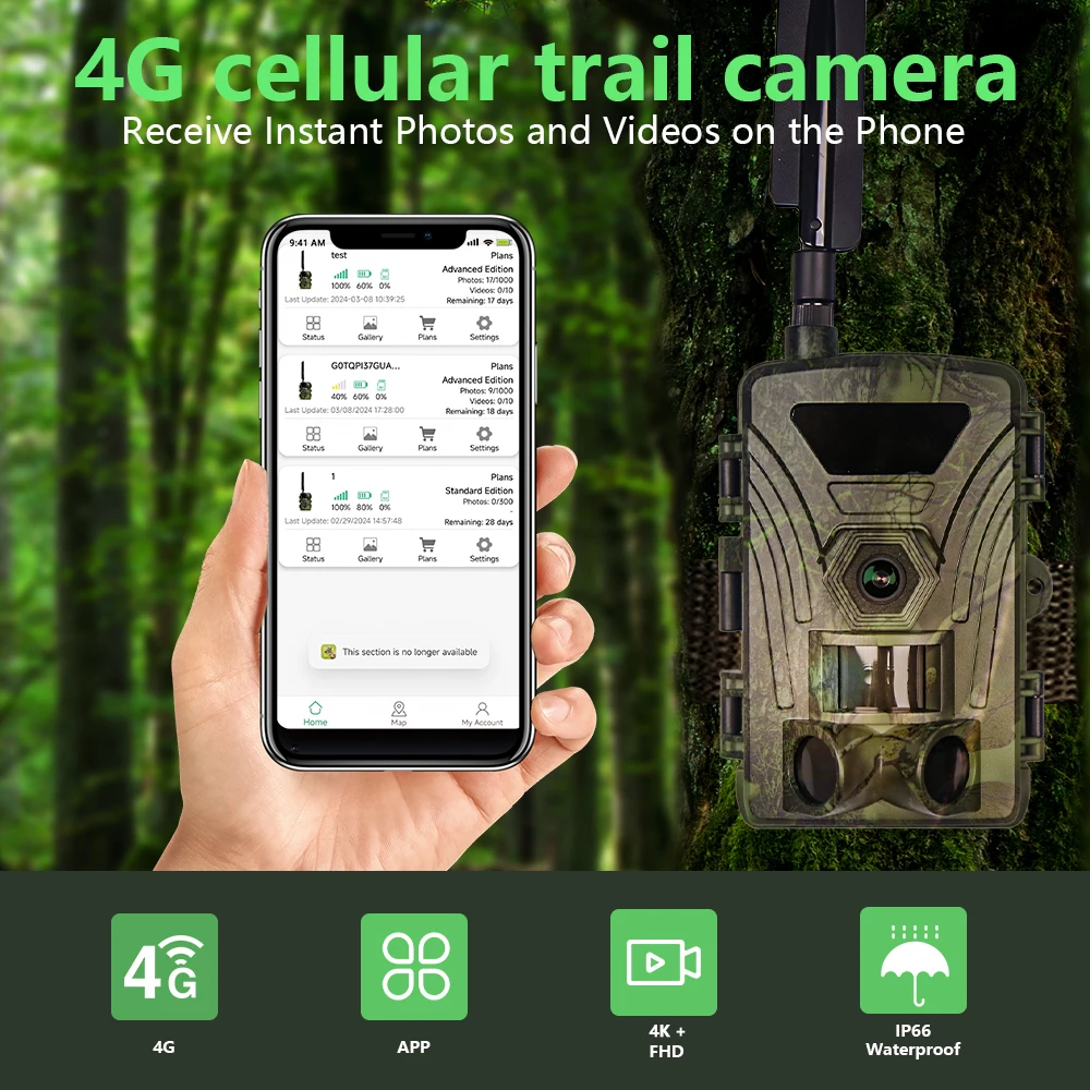 APP ICloud 60MP 4K 120degree Wide lens LTE 4G Cellular Trail Camera