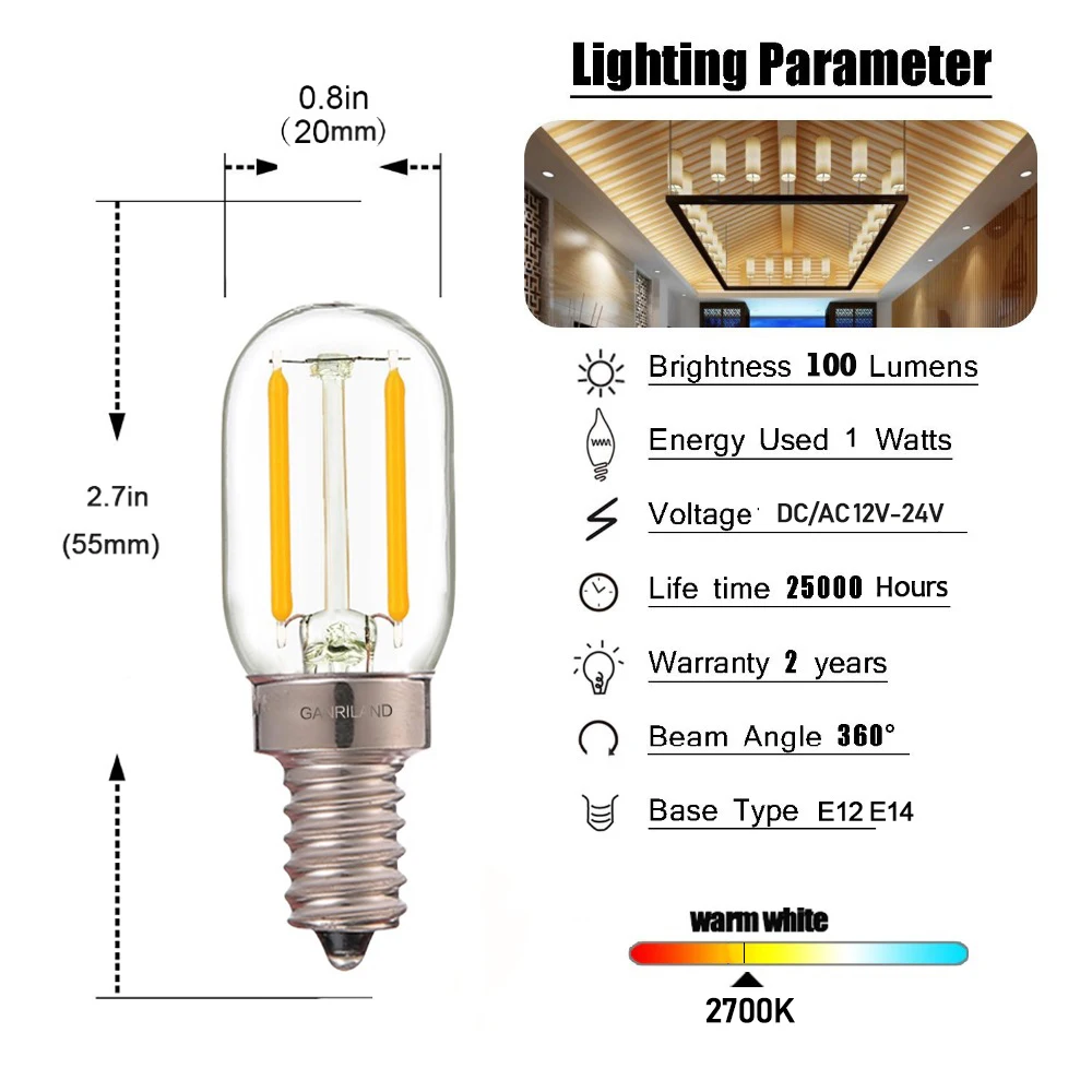 Refrigerator T22 12V 24V DC AC LED Lamp 1W E12 E14 Led Filament Bulb Home Decoration Lighting Bulbs for Room