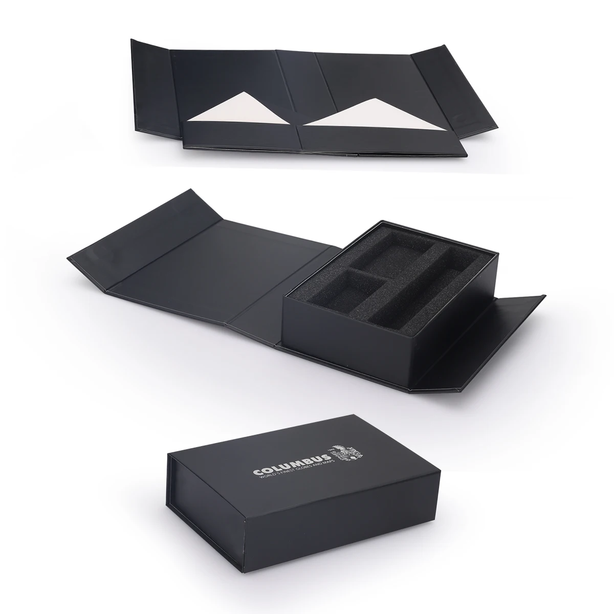 Unique black magnetic cosmetic paper box insert velvet tray and windonw