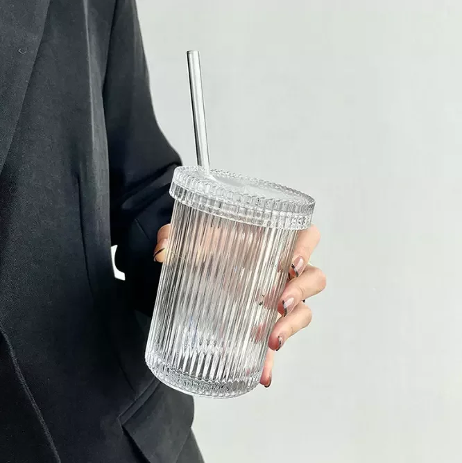 Classic Vertical Stripes Tea Mug Elegant Coffee Cup with Glass Lid Clear Glass Coffee Mug