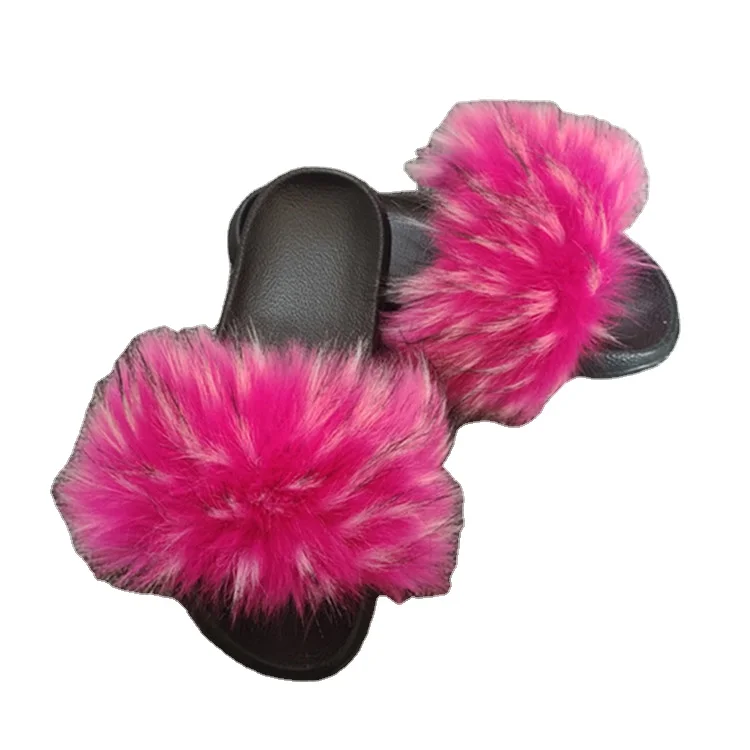 
Women Fluffy Faux Fur Flip Flops Furry Raccoon Fur Sandals Faux Fox Fur Home Casual Plush Shoes slippers 