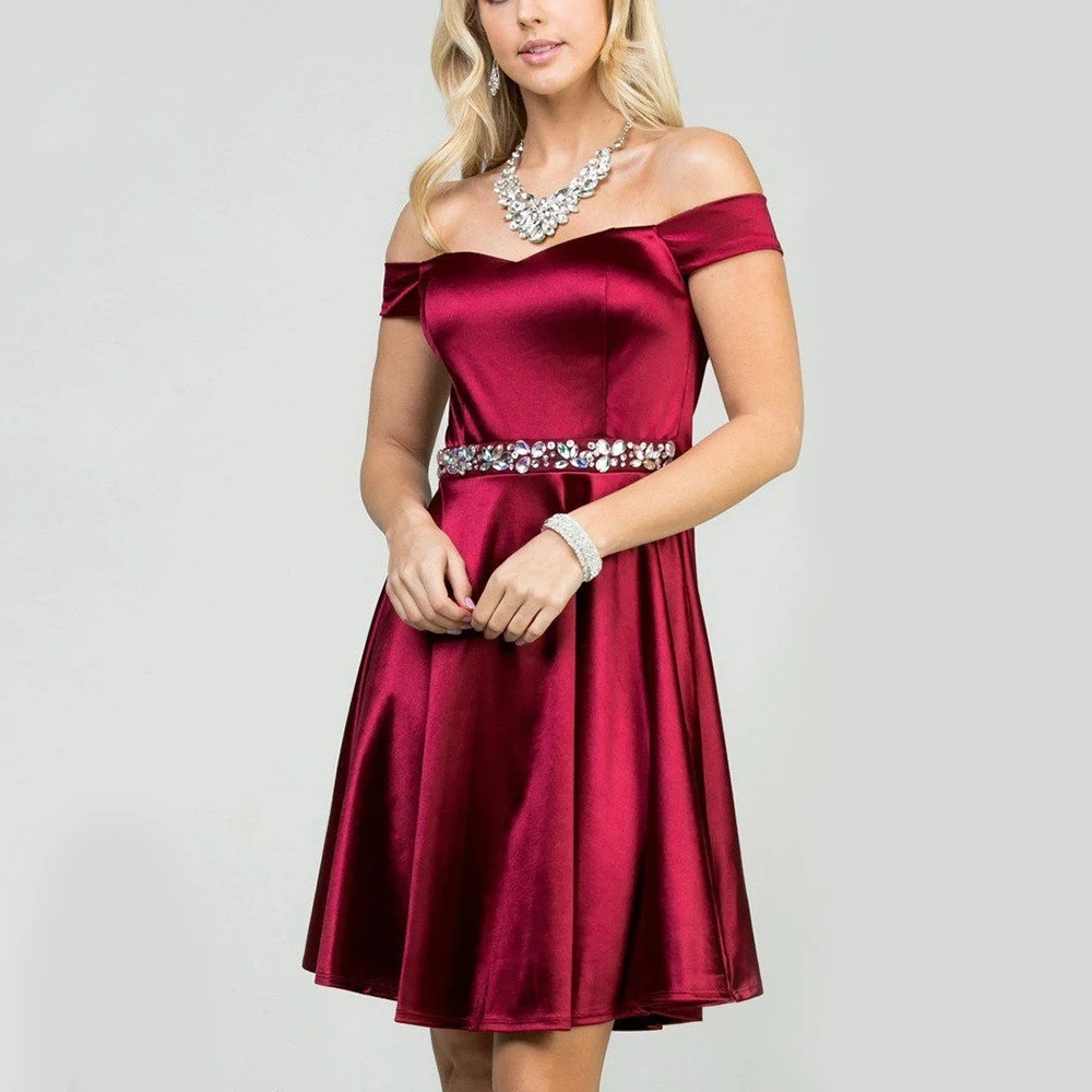 2021 Fit and Flare Satin Off Shoulder Ladies Women Wedding Bridesmaid Short Blue Dresses