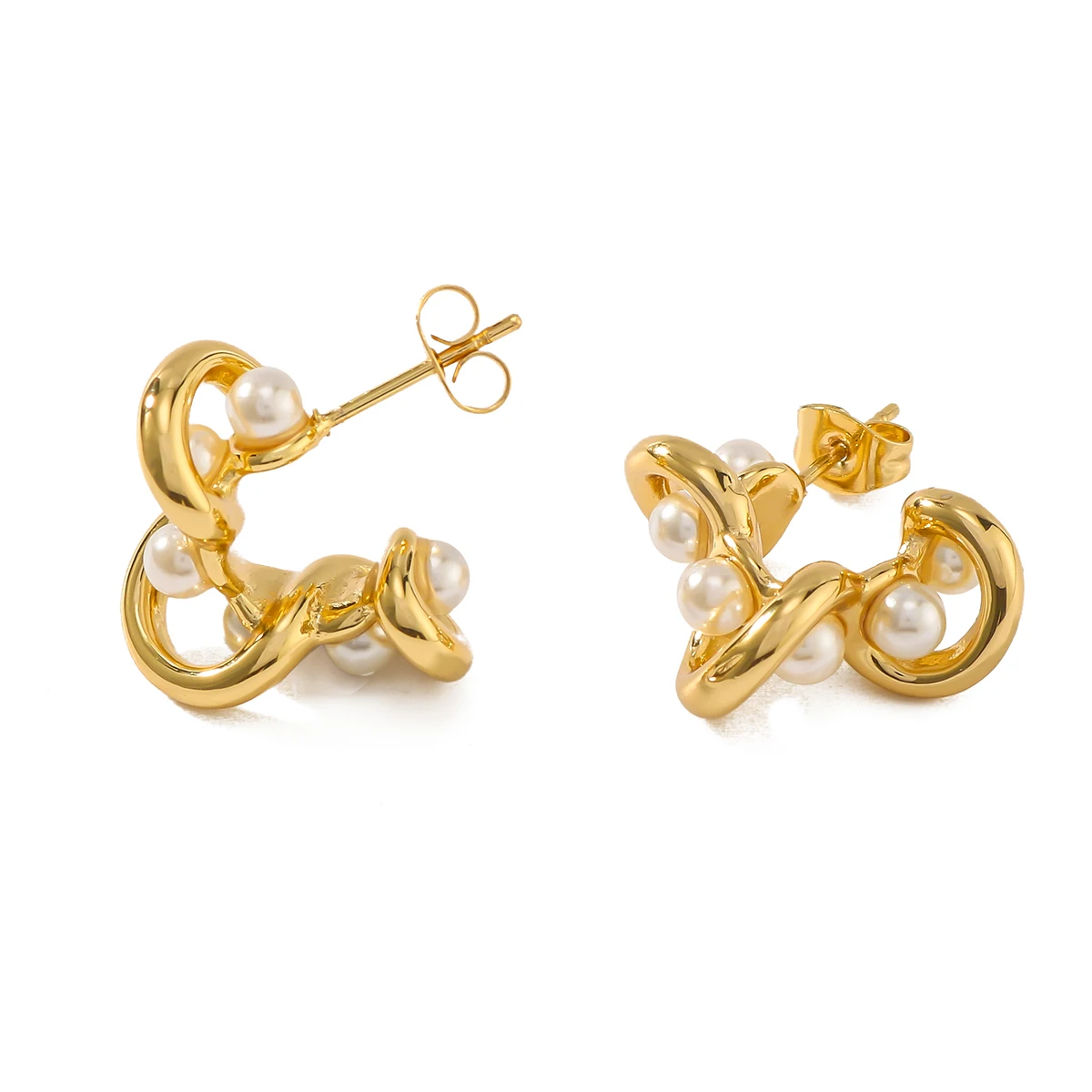 Trendy new geometric large C-shaped irregular lines wrapped pearl earrings elegant and charming ladies 18K gold plated