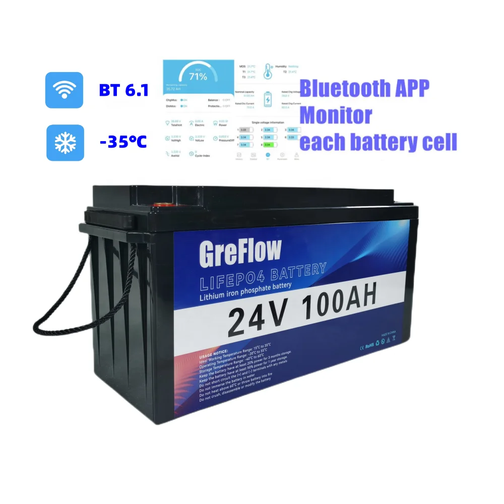 Greflow life po4 battery lithium battery 24 voltes 24 volt 200ah lithium 100ah 24v lithium ion battery for home storage