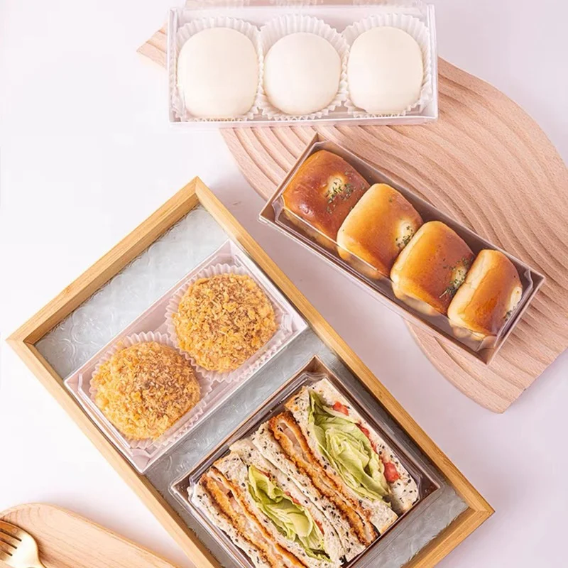 Recycled Paper Take Away Box with Plastic Lid Rectangular Square Bakery Food Packaging Cake Bread Snack Sushi Cookie Take-Away