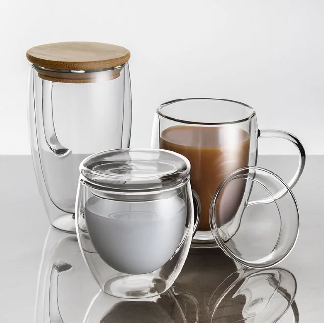 Wholesale Handmade High borosilicate clear double wall glass mug coffee cup with handle and bamboo lids Or glass lids