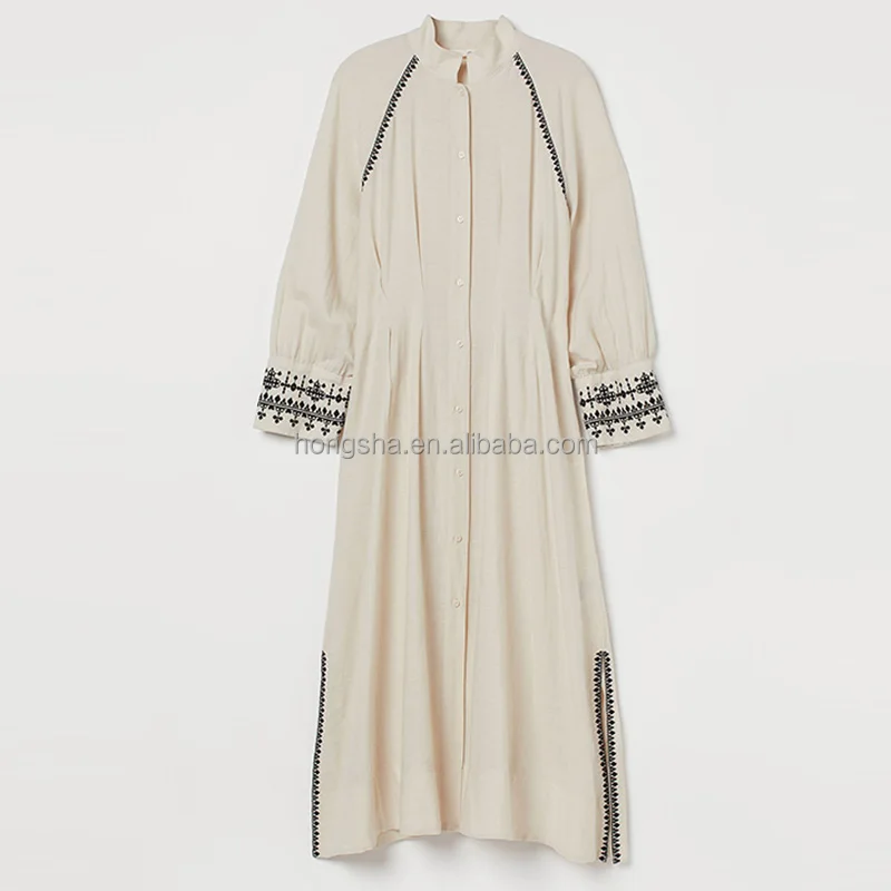 Women Shirt Dress Loose Mandarin Collar Casual Kaftan Abaya Long Dress Autumn Linen Blend Tie Belt Embroidery Boho Dress HSD9629