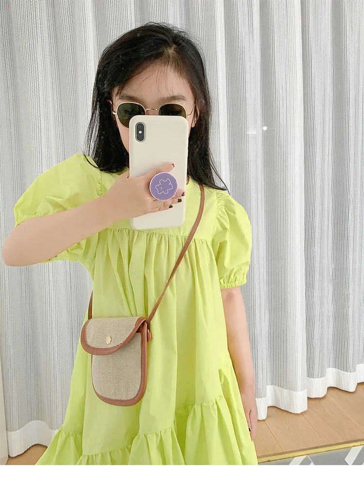 2021 New Fashion Kid  Toddler Girl Neon Green Ruffle Solid Dress for Summer 3-7T