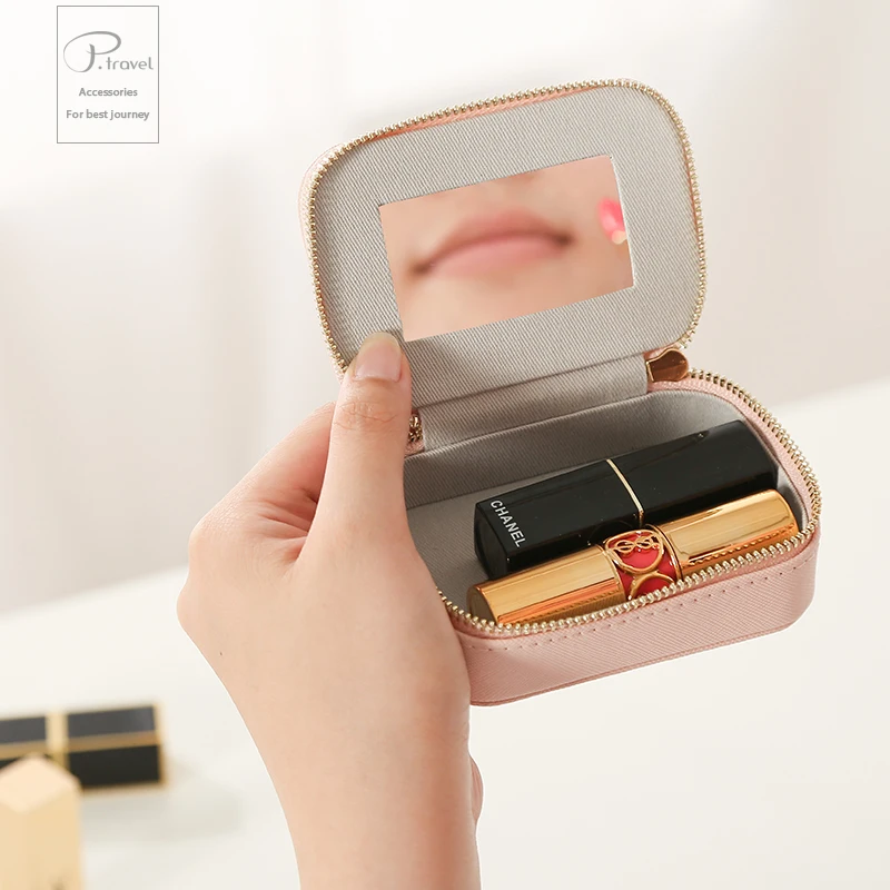 Portable PU Makeup Case Lipstick Stock Case Holder Organization With Mirror