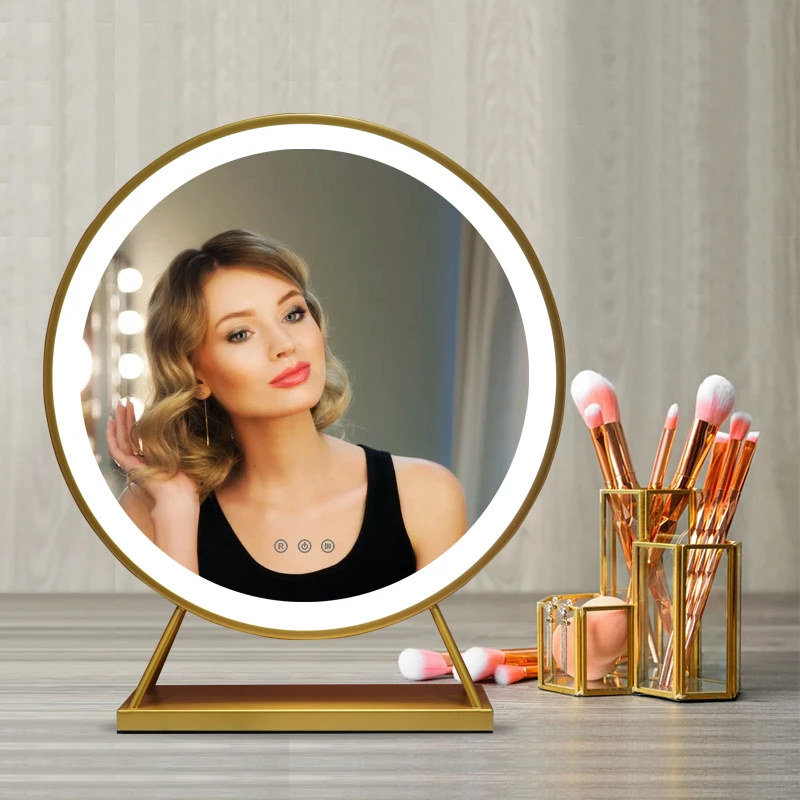 european style luxury gold tabletop led makeup mirror With iron frame and base