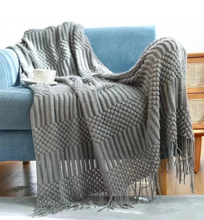 Handmade  knitted 100% acrylic jacquard throw blanket with fringes sofa throw blanket office rest throw