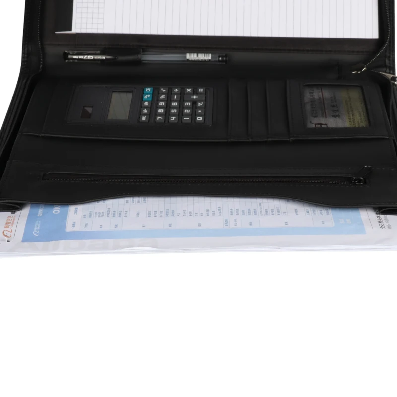 Zipper Document Padfolio Folder Black Business Zippered PU Leather A4 Documents Padfolio Portfolio Folder with Calculator