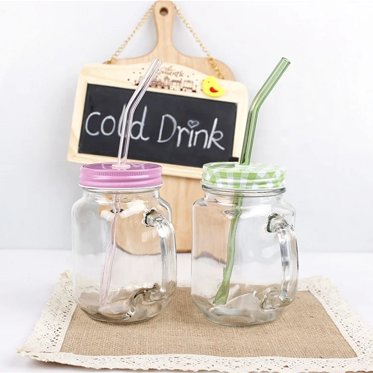 Hot selling  glass mason jar with handle tin lid and straw for juice drinking 450ml