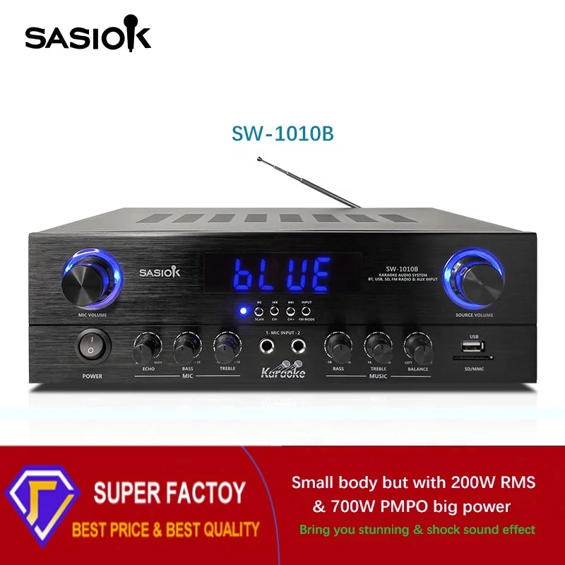 Echo/balance sound SW-1010B peak 700W power stereo karaoke amplifier support BT/USB/SD/MMC/AUX audio input & playback & FM radio