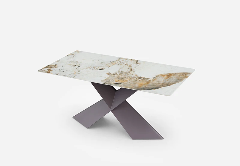 Modern X shape stainless steel base marble top new design dining table thin rock top six seat dinner room dining tables set