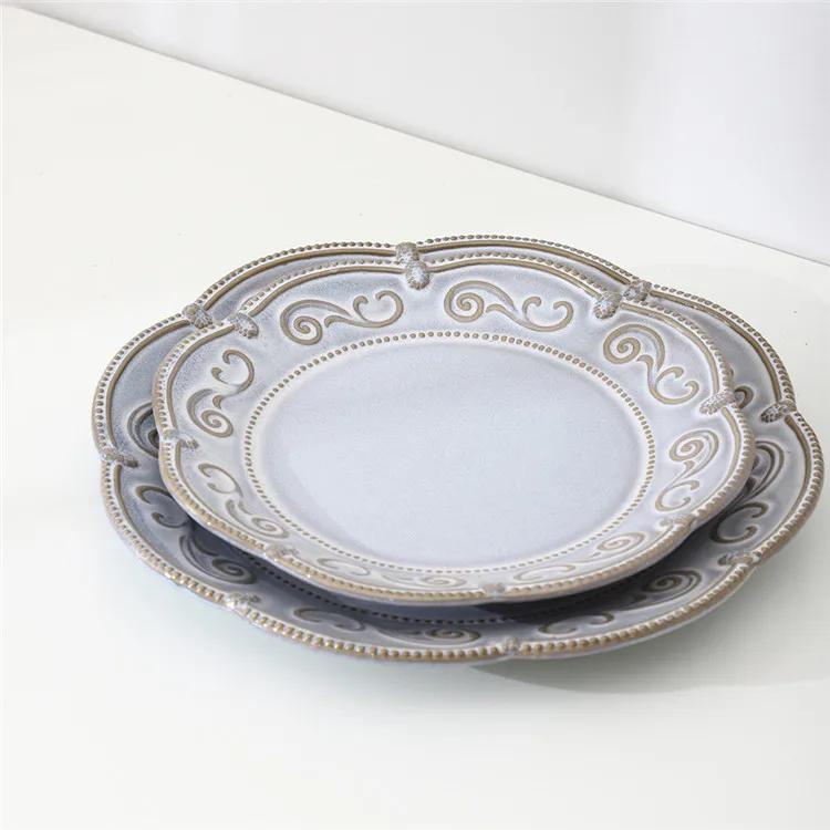 flower shape art relief decorative classical matte cheap ceramic plates set for restaurant