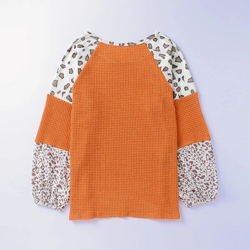 Wholesale Polyester Women Custom Knitwear Orange Leopard Colorblock Waffle Cloth Knit Top