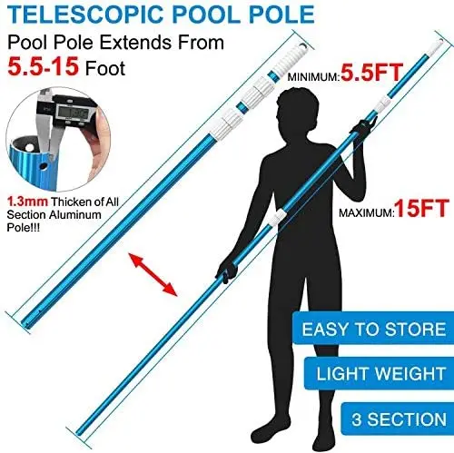 15 Feet Thicken 1.3mm Blue Aluminum Telescoping Swimming Pool Pole,Adjustable 3 Piece Expandable Step-Up,Attach Connect Skimmer