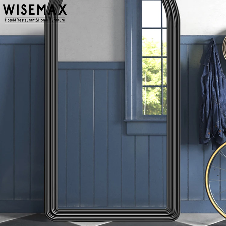 WISEMAX FURNITURE Modern home decor Cream wooden edge full length mirror Oval top right angle base floor mirror for living room
