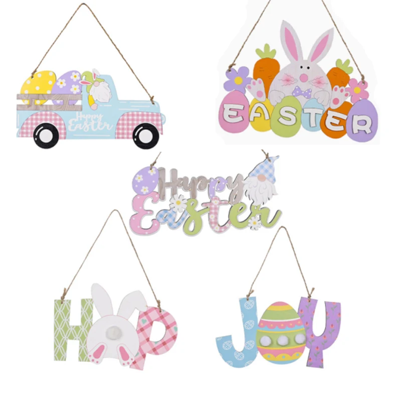 HB-082 Easter bunny decorations wall hanging home decor Rustic Wooden Hanging Easter Front Door Wreaths