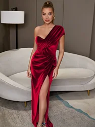 New Evening Long Velvet One Shoulder Short Sleeve Sexy High Slit Club Party Ladies Fashion Dress