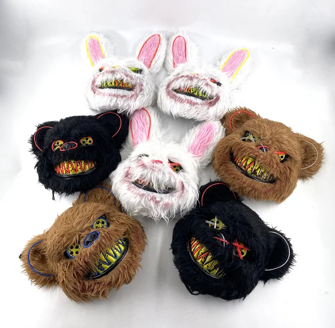 Custom 2 Color LED Glow Rabbit Mask Scary EL Wire Plush Black White Bunny Bear Mask For Easter Carnival Halloween Costume