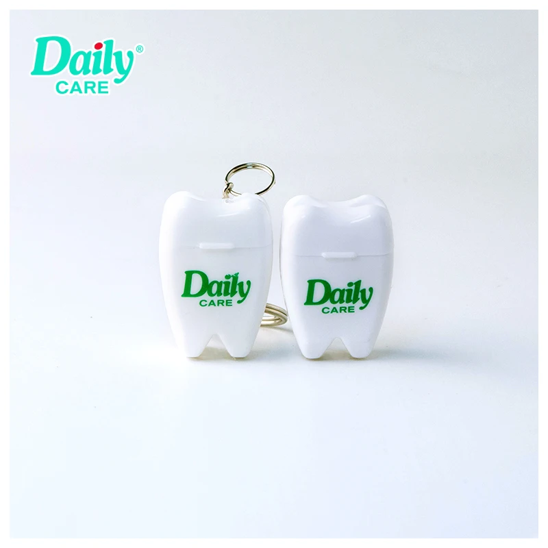Custom Logo Printed Tooth Shape Dental Floss Keychain 11 Yards Waxed Bamboo Nylon Silk PTFE Mint Packaged Blister Card OPP Bag