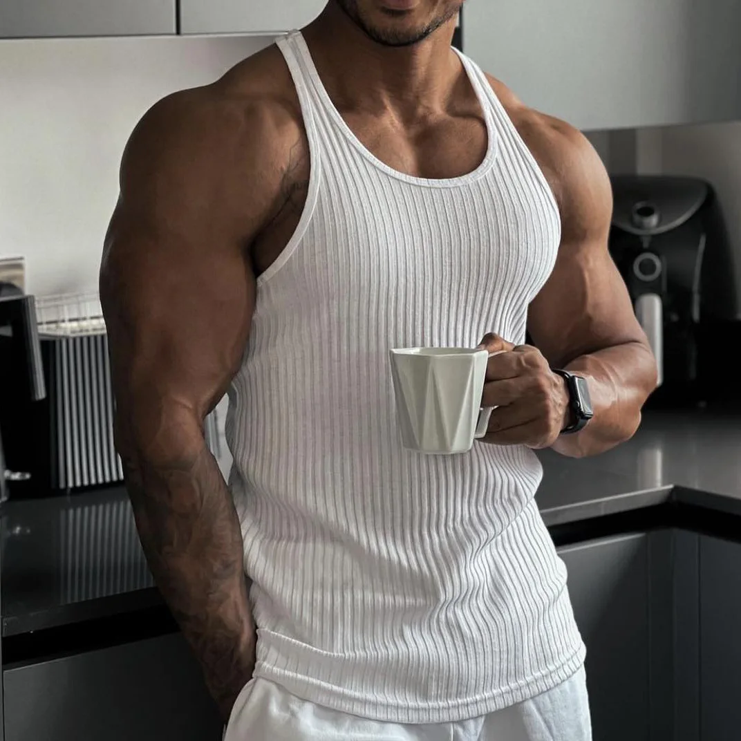 Summer Streetwear Custom Printed High Quality Sustainable Quare Collar Muscle Fit Ribbed Tank Top For Men