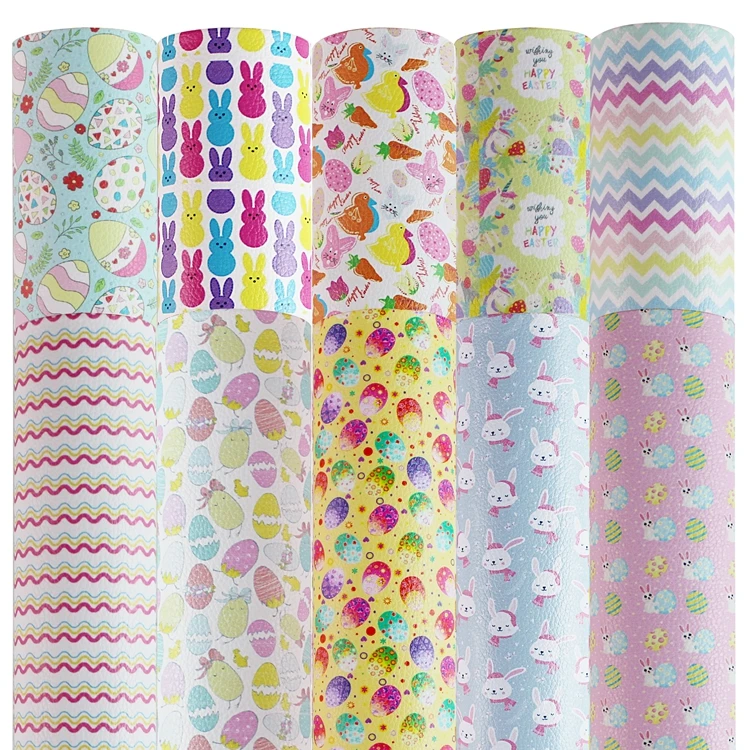10pcs/Set Easter Bunny Eggs Designs Print A4 Size Artificial Vinyl  Faux Synthetic Leather Sheets For Hair Bows
