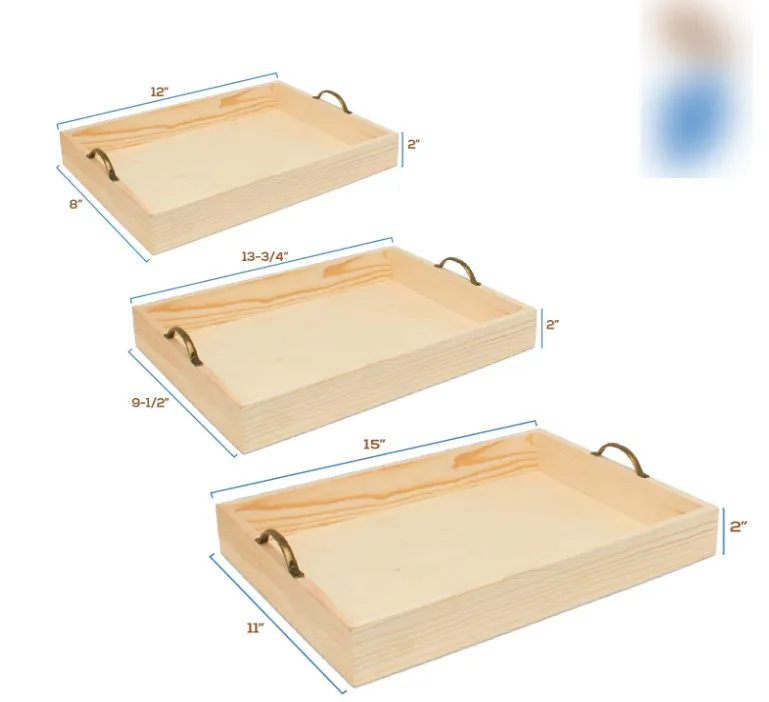 Set of 3 Customized Unfinished Multifunctional Exquisite Fashion Durable Wood Nesting Serving Trays with Handles