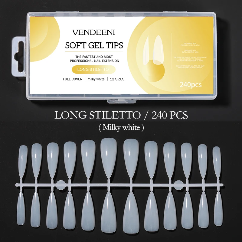 Acrylic Soft Gel Tips Full Cover OVAL MEDIUM 240 PCS Gel False Clear Extra Long Private Label Press on Nail Tips with Box