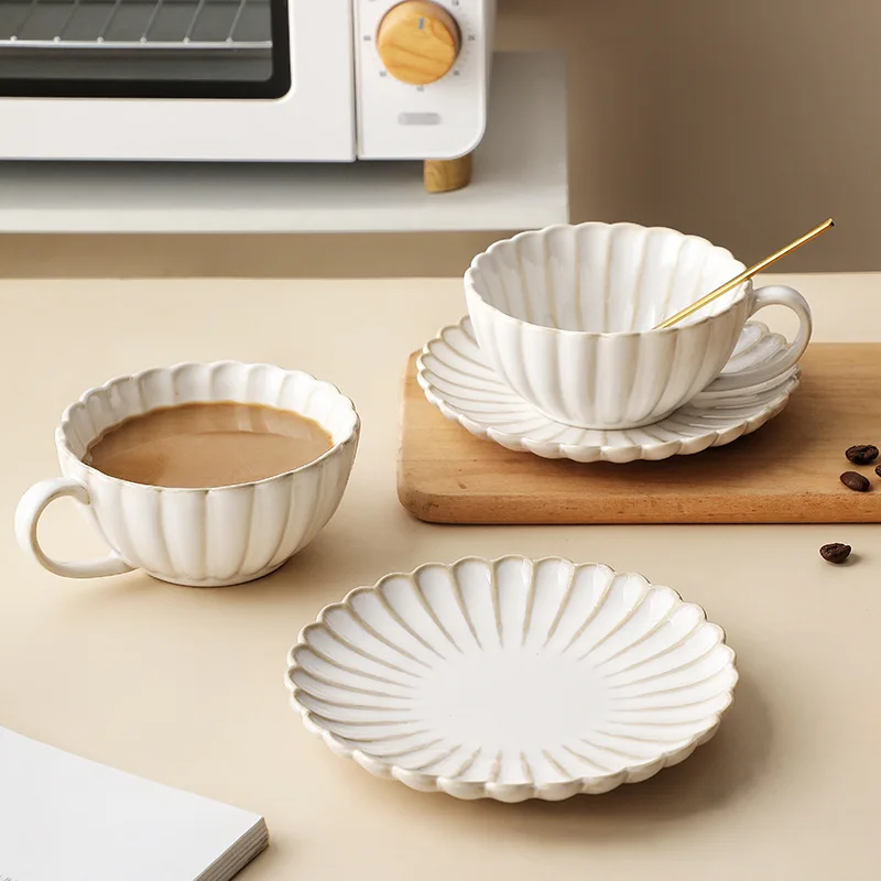 Vintage Reactive Glazed Ceramic Coffee Cup Saucer Set Chrysanthemum Shape Tea Cup