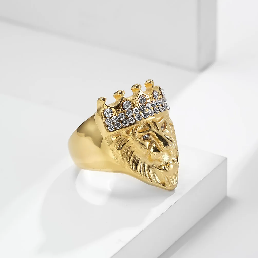 High Quality 18K Gold Plated Diamond Inlay Lion King Crown Stainless Steel Ring HipHop CZ Inlay Golden Rings for Men
