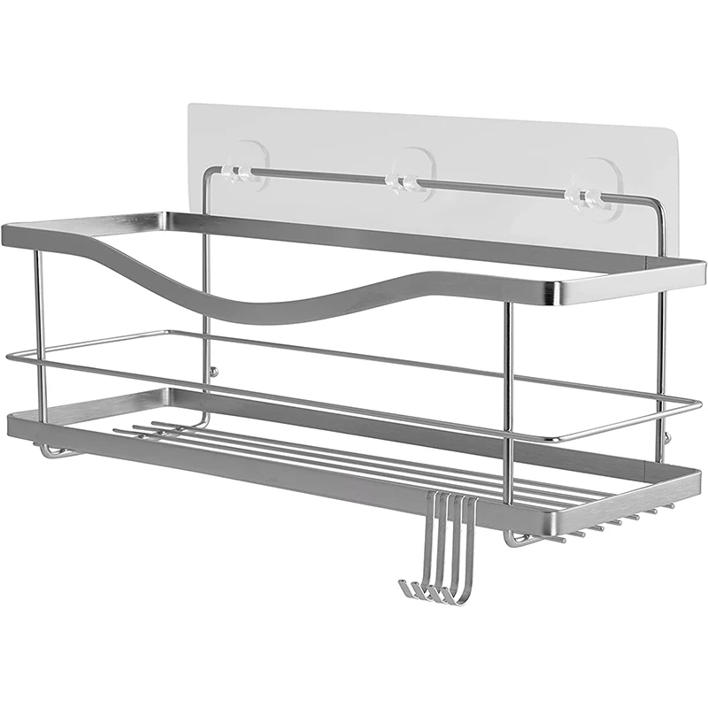Stainless steel shower basket with hook, shampoo rack storage, non drilling adhesive wall mounted bathroom rack
