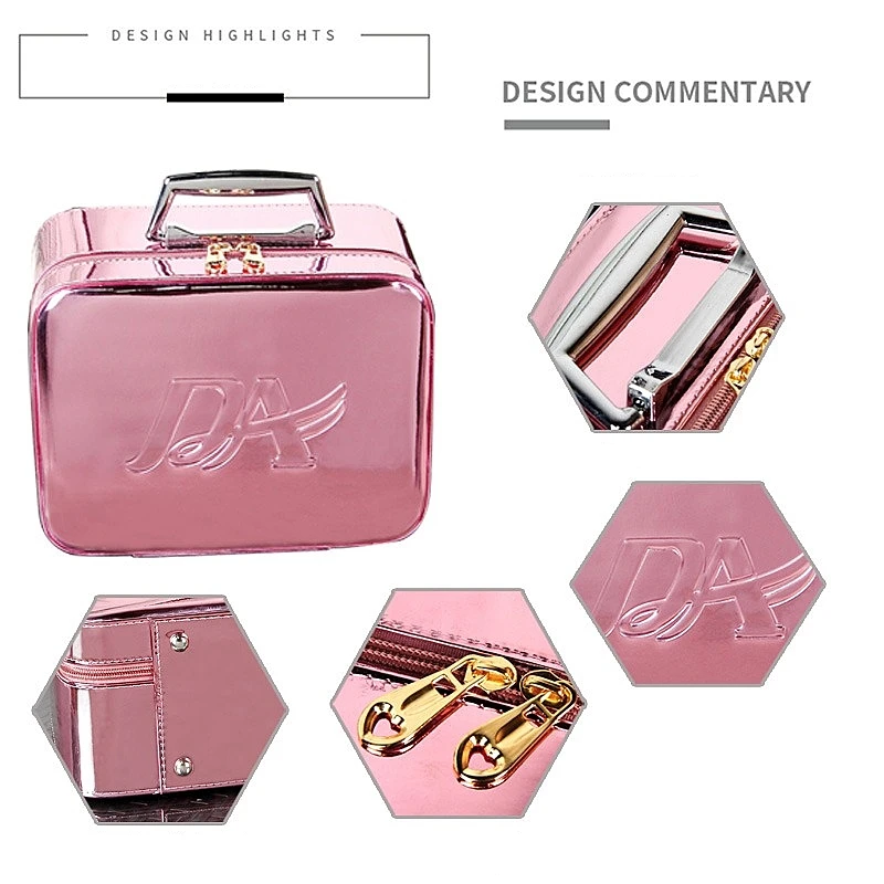 Portable Girls Pink Makeup Case PU Leather Waterproof Makeup Organizer With Mirror Light Weight Beauty Makeup Box