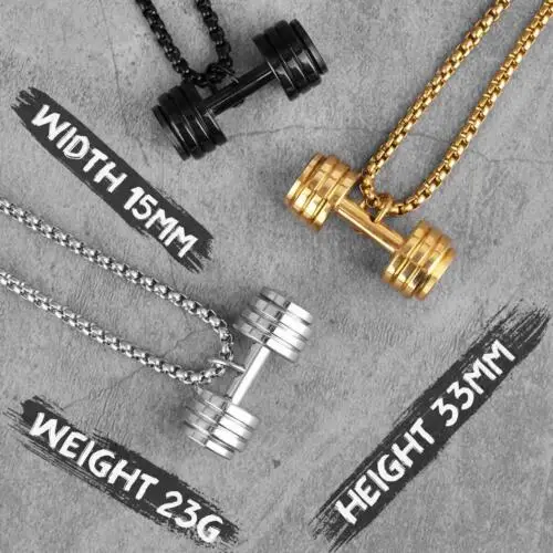 Mens Stainless Steel Barbell Gym Weight Lifting Dumbbell Necklace Pendant