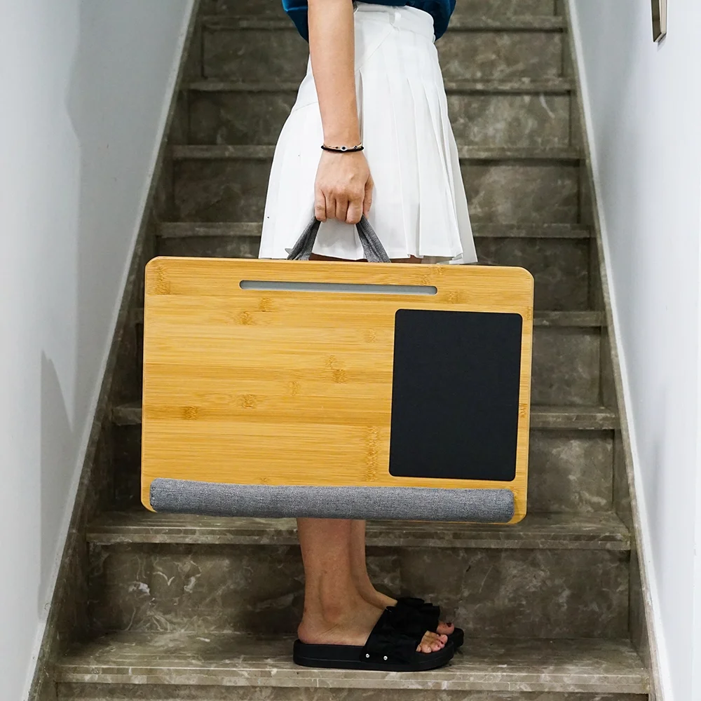 China Factory Wholesale Eco-Friendly bamboo Lap Desk Laptop Lap Tray with Pillow with Mouse Pad Mat Phone Holder