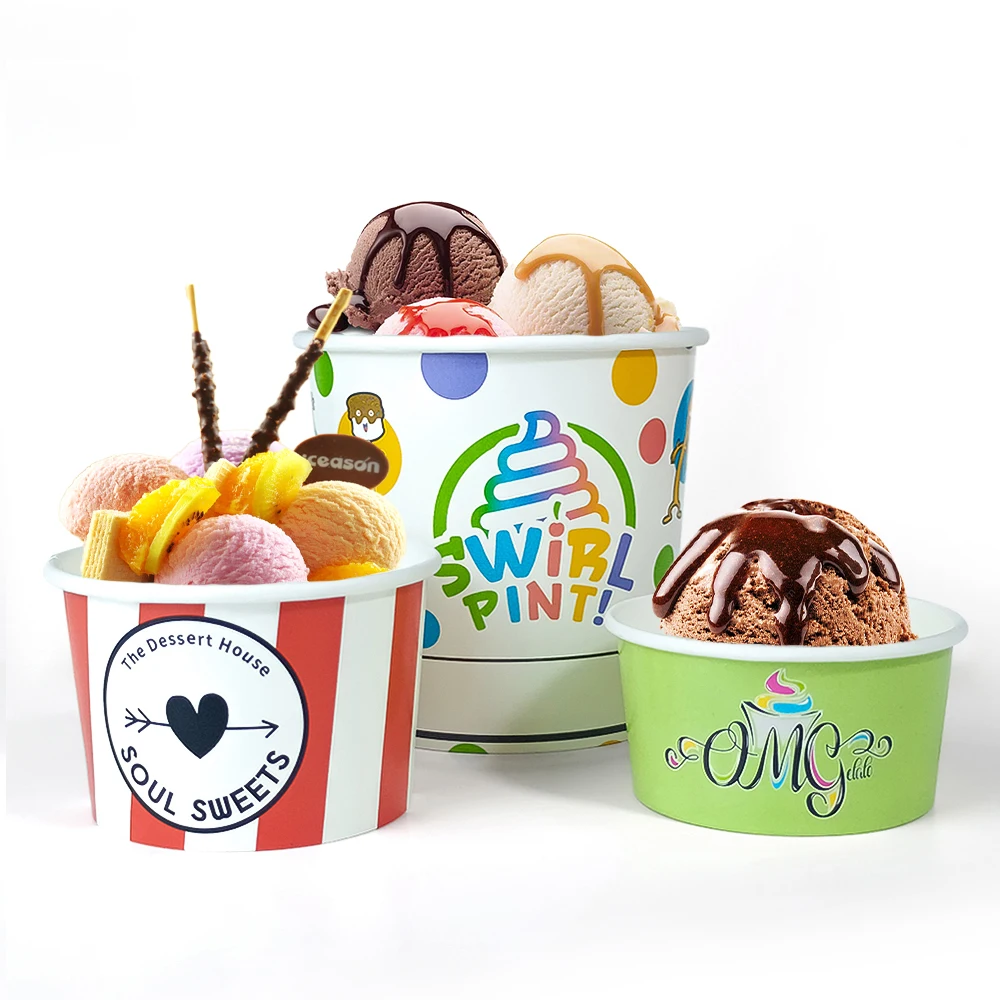 ZJPACK Custom Yogurt Packaging Boxes Frozen Food Container With Wooden Plastic Spoon Takeout ECO Friendly Ice Cream Pap