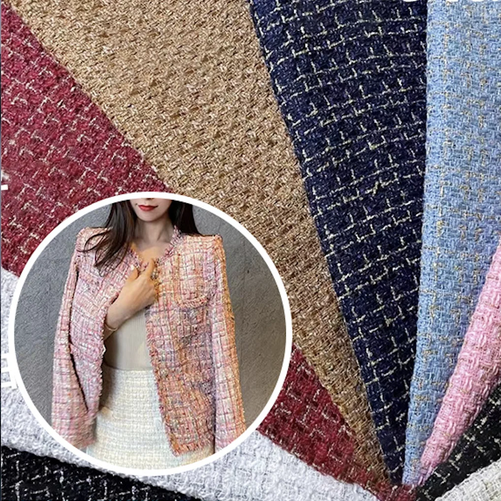 Metallic Polyester Woolen Yarn Dyed Stretchy Plaid Check Pink Tweed Fabric