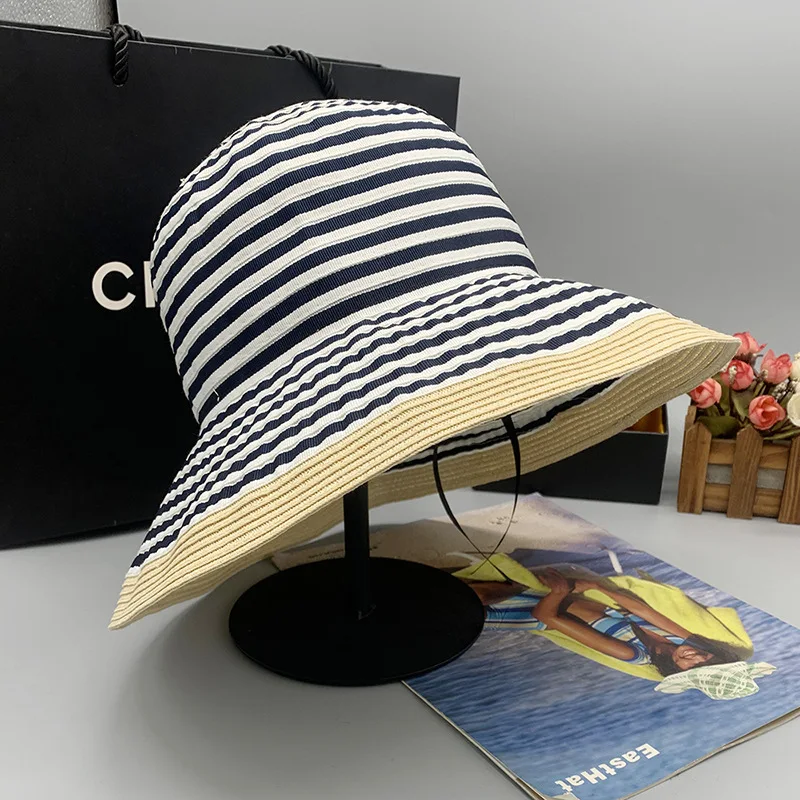 2022 new classic black and white stripes beach hat foldable wide brim Hat Summer Beach Floppy Sun Cruise Hat