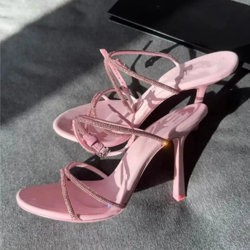 Xinzirain Custom Logo Manufacturer Summer Slingback Open Toe Pink Color Women Heel Sandals With Rhinestone Strap